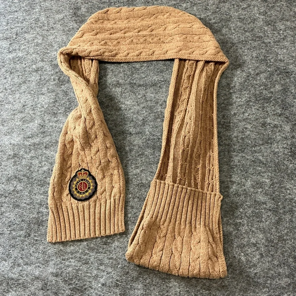 Ralph Lauren Tan Cable Knit Scarf With Ralph Lauren Patch Detail OS